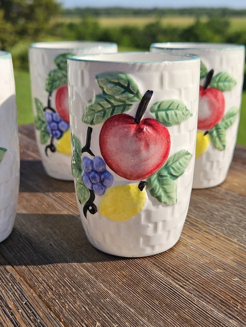 Set of 5 Vtg Japanese Ceramic Juice Cups Tumblers Basket Weave Fruit MCM Japan
